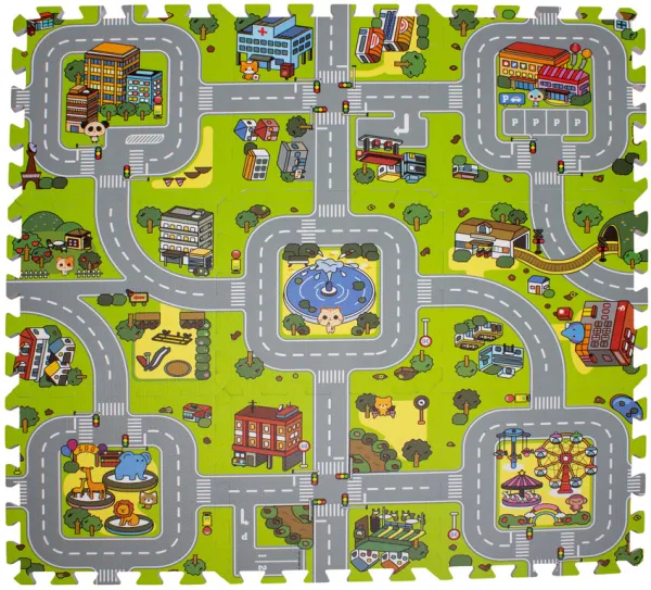 Lekmatta med väg- och stadsmotiv, skum, 9 delar